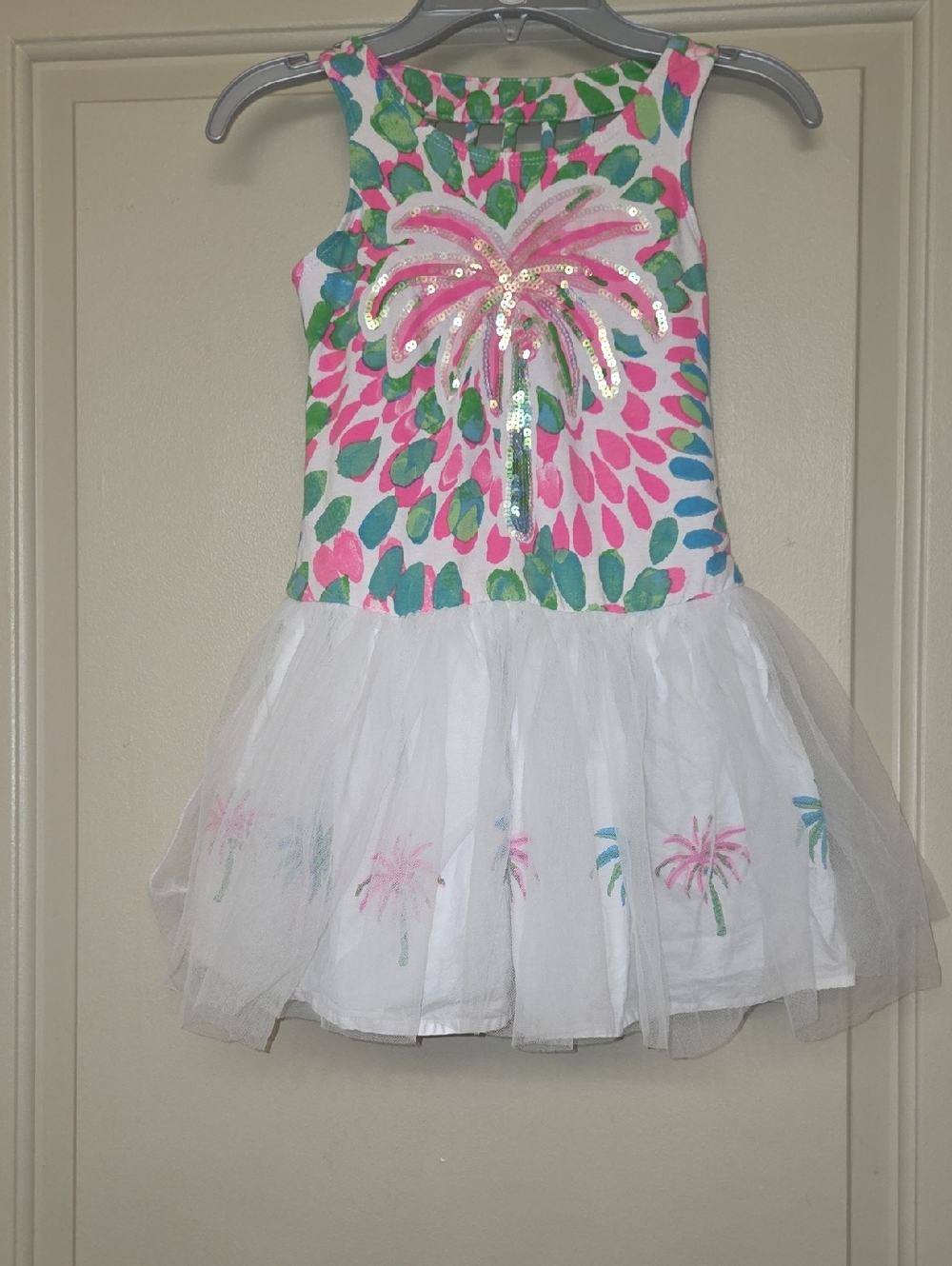 Girls Pink & White Palm Tree Tulle Dress - Kids Costume